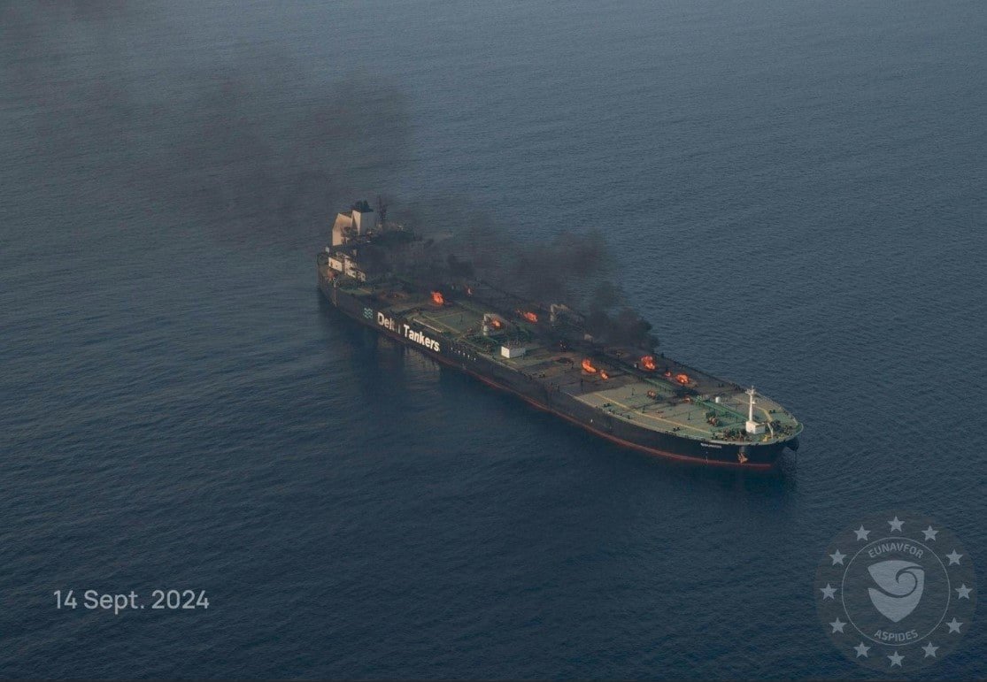 Flames and smoke rise from an oil tanker which was attacked by Iran-backed Houthis in the Red Sea. (Photo: Reuters) Flames and smoke rise from an oil tanker which was attacked by Iran-backed Houthis in the Red Sea. (Photo: Reuters)
